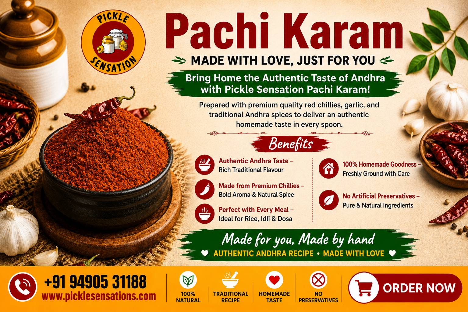 Pachi Karam made with premium red chillies and garlic