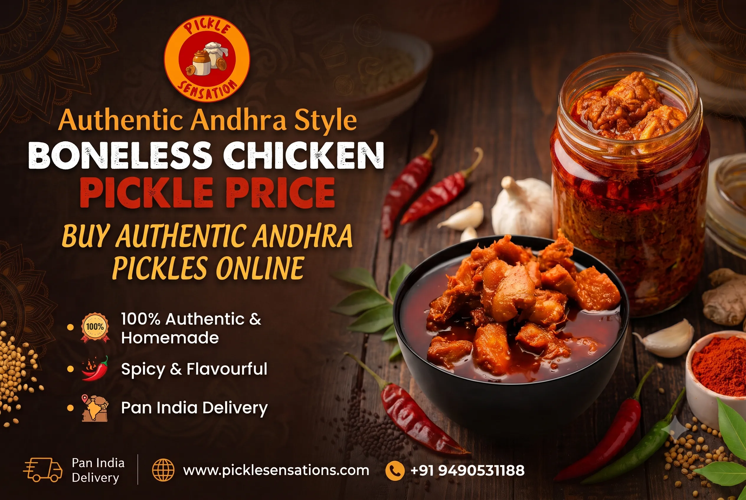 Boneless chicken pickle with traditional Andhra-style spices